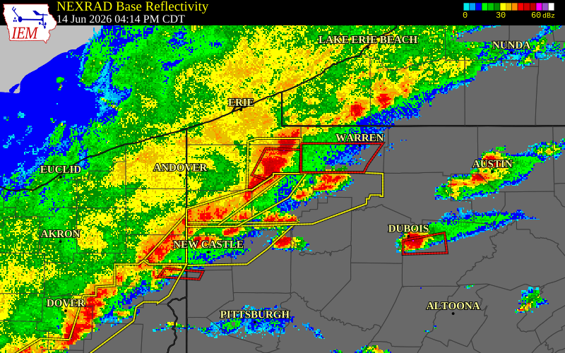 NEXRAD radar during the Sunday, June 14, 2026 storm activity in Venango County, Pennsylvania