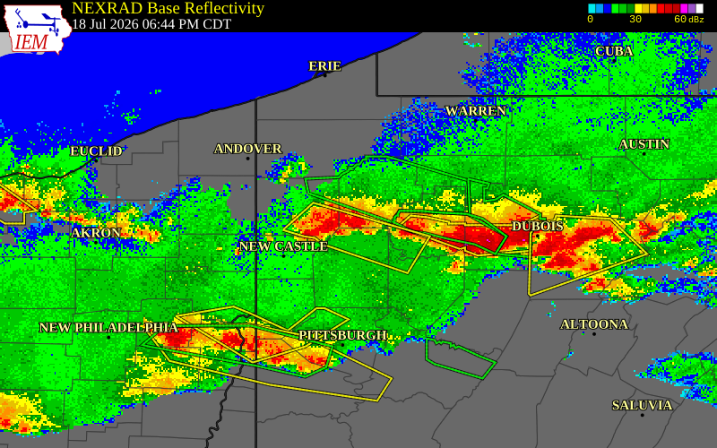 NEXRAD radar during the Saturday, July 18, 2026 storm activity in Venango County, Pennsylvania