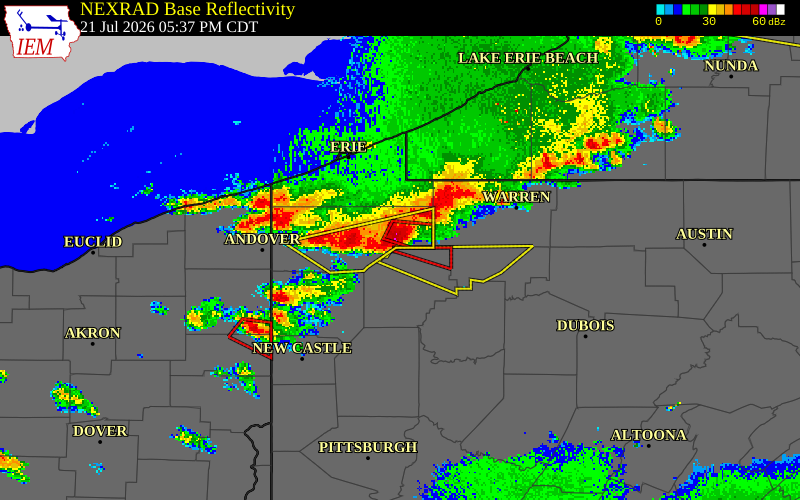 NEXRAD radar during the Tuesday, July 21, 2026 storm activity in Venango County, Pennsylvania