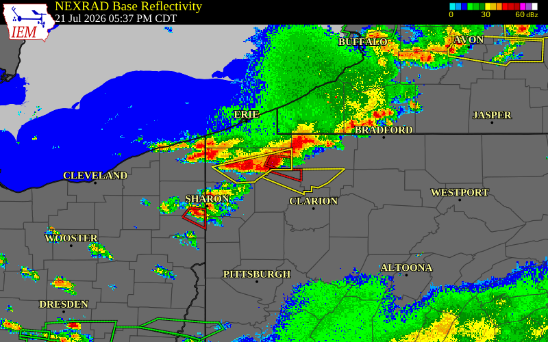 Radar snapshot during the Jul 21, 2026 tornado event near 8 NNE Cooperstown, Venango County, Pennsylvania, with NWS warning polygons