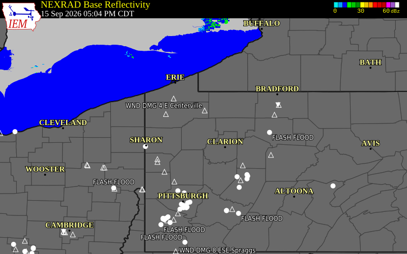 Current NEXRAD radar over Venango County, Pennsylvania with recent storm report locations