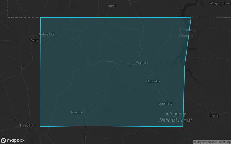 Map of Warren County, Pennsylvania showing the county boundary and surrounding cities