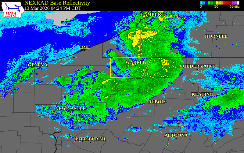NEXRAD radar during the Friday, March 13, 2026 storm activity in Warren County, Pennsylvania