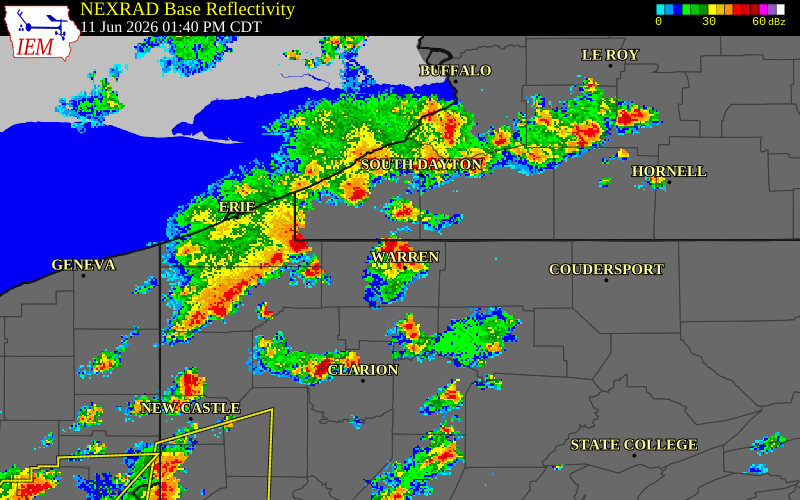 NEXRAD radar during the Thursday, June 11, 2026 storm activity in Warren County, Pennsylvania