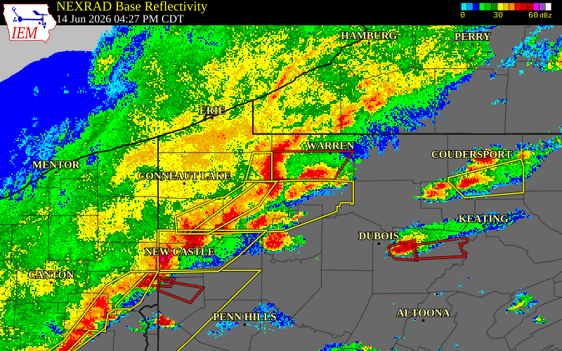NEXRAD radar during the Sunday, June 14, 2026 storm activity in Warren County, Pennsylvania