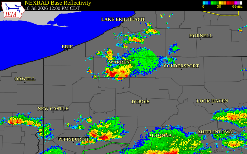 NEXRAD radar during the Saturday, July 18, 2026 storm activity in Warren County, Pennsylvania