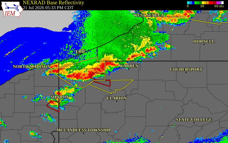 NEXRAD radar during the Tuesday, July 21, 2026 storm activity in Warren County, Pennsylvania