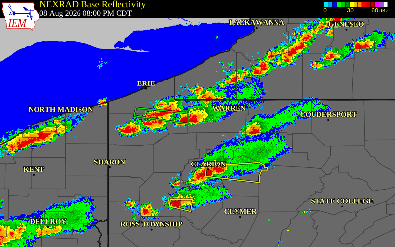 NEXRAD radar during the Saturday, August 8, 2026 storm activity in Warren County, Pennsylvania