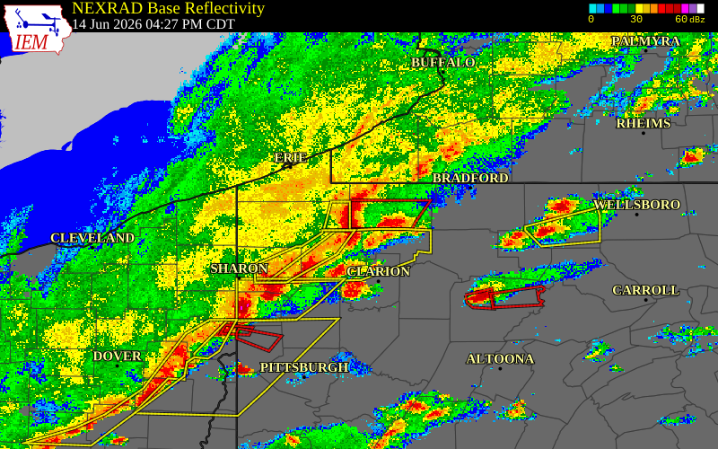 Radar snapshot during the Jun 14, 2026 tornado event near 3 S Grand Valley, Warren County, Pennsylvania, with NWS warning polygons