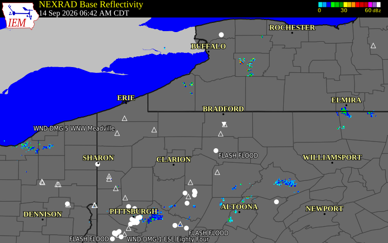 Current NEXRAD radar over Warren County, Pennsylvania with recent storm report locations