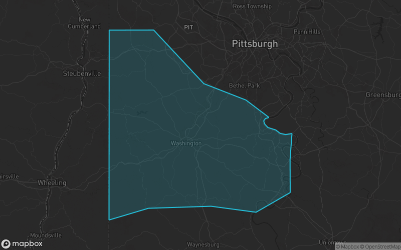 Map of Washington County, Pennsylvania showing the county boundary and surrounding cities