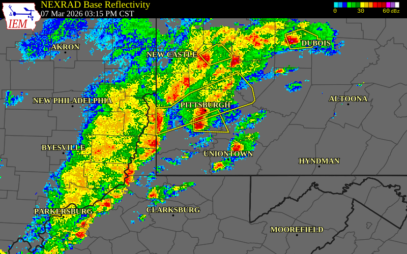 NEXRAD radar during the Saturday, March 7, 2026 storm activity in Washington County, Pennsylvania