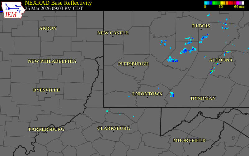 NEXRAD radar during the Wednesday, March 25, 2026 storm activity in Washington County, Pennsylvania