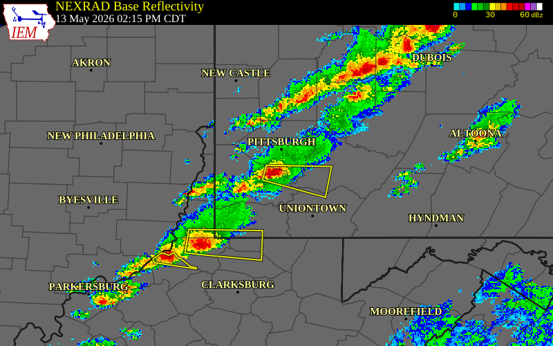 NEXRAD radar during the Wednesday, May 13, 2026 storm activity in Washington County, Pennsylvania