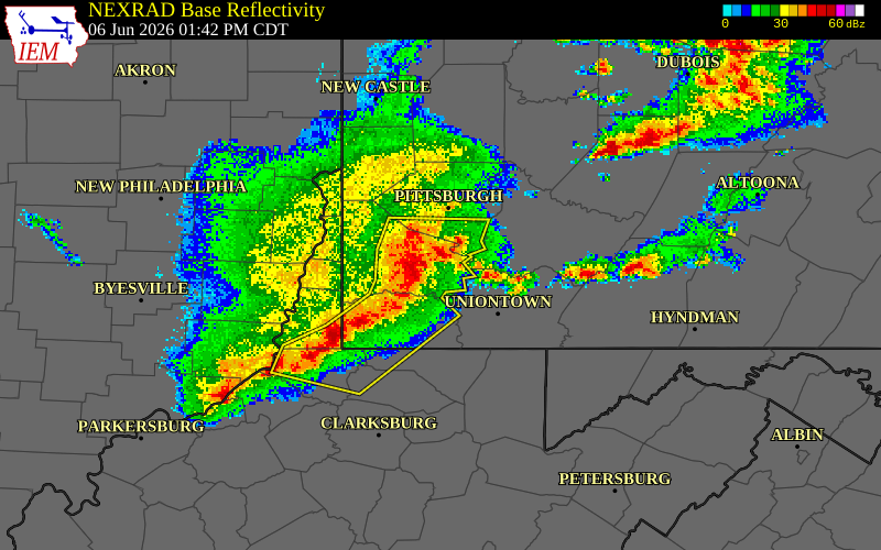 NEXRAD radar during the Saturday, June 6, 2026 storm activity in Washington County, Pennsylvania