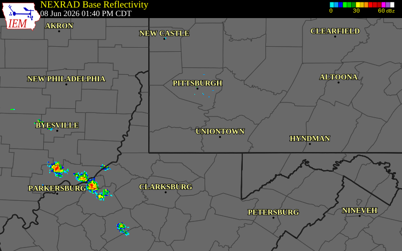 NEXRAD radar during the Monday, June 8, 2026 storm activity in Washington County, Pennsylvania