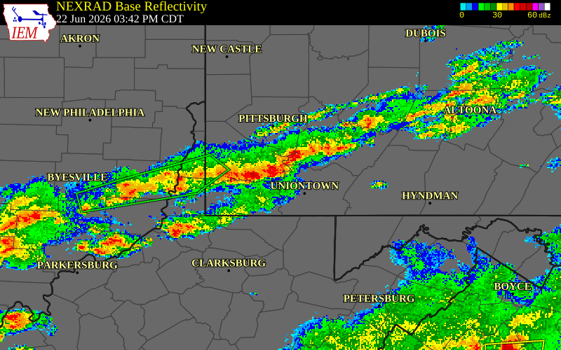 NEXRAD radar during the Monday, June 22, 2026 storm activity in Washington County, Pennsylvania