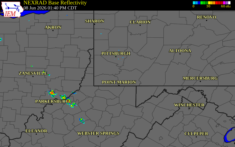 Radar snapshot during the Jun 8, 2026 tornado event near 1 E Centerville, Washington County, Pennsylvania, with NWS warning polygons