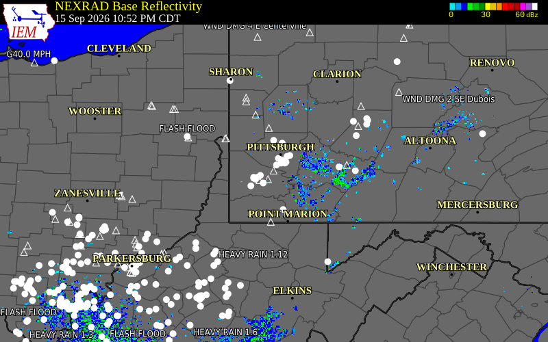 Current NEXRAD radar over Washington County, Pennsylvania with recent storm report locations