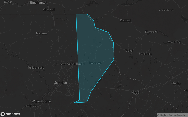 Map of Wayne County, Pennsylvania showing the county boundary and surrounding cities