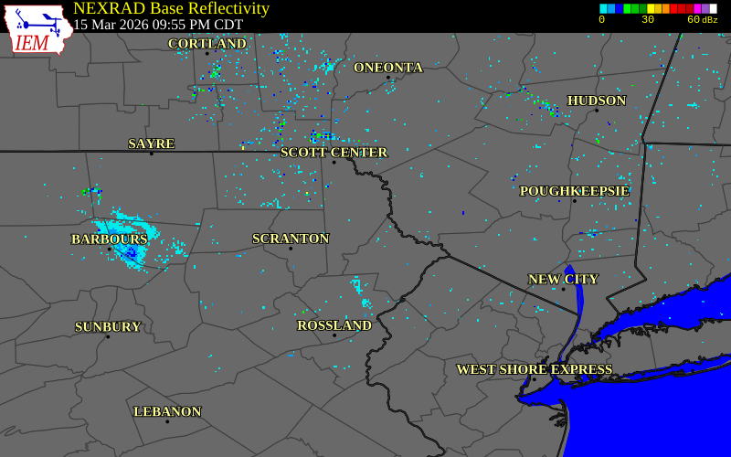 NEXRAD radar during the Sunday, March 15, 2026 storm activity in Wayne County, Pennsylvania
