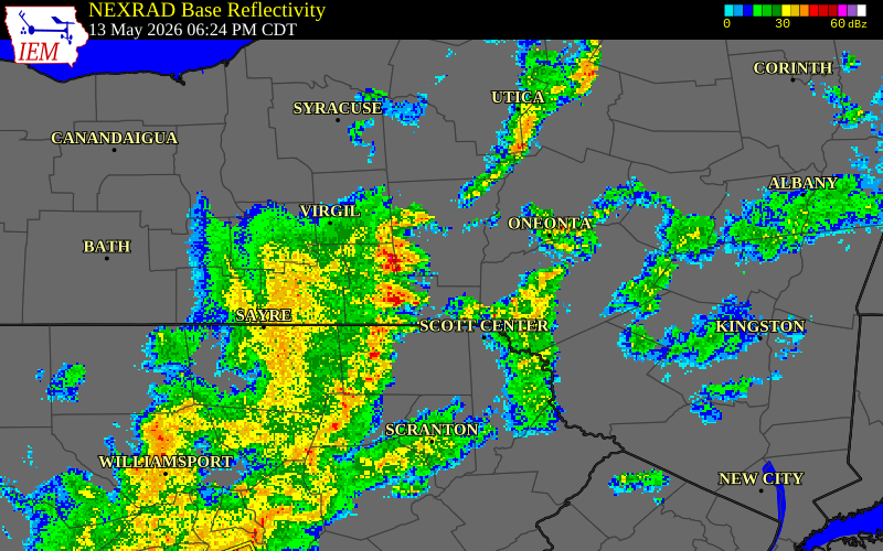 NEXRAD radar during the Wednesday, May 13, 2026 storm activity in Wayne County, Pennsylvania