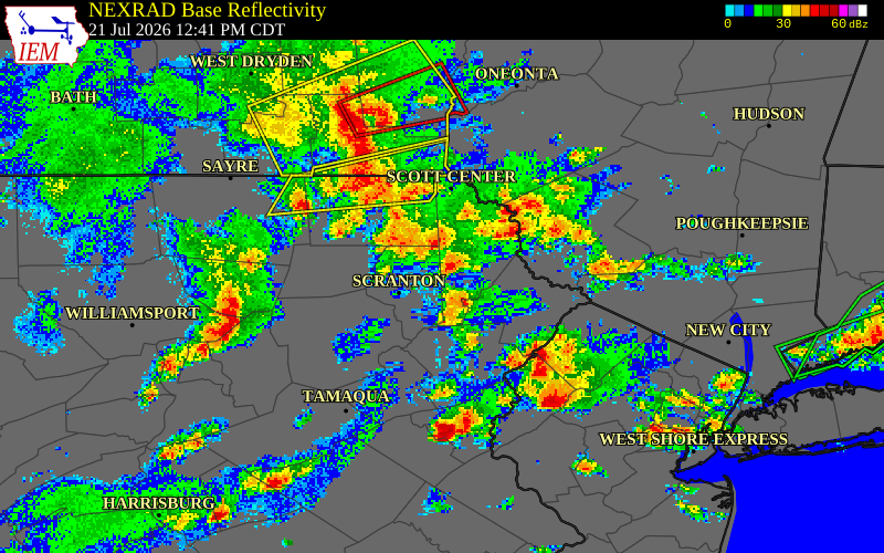 NEXRAD radar during the Tuesday, July 21, 2026 storm activity in Wayne County, Pennsylvania