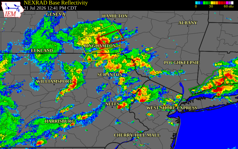 Radar snapshot during the Jul 21, 2026 tornado event near 2 WSW South Canaan, Wayne County, Pennsylvania, with NWS warning polygons