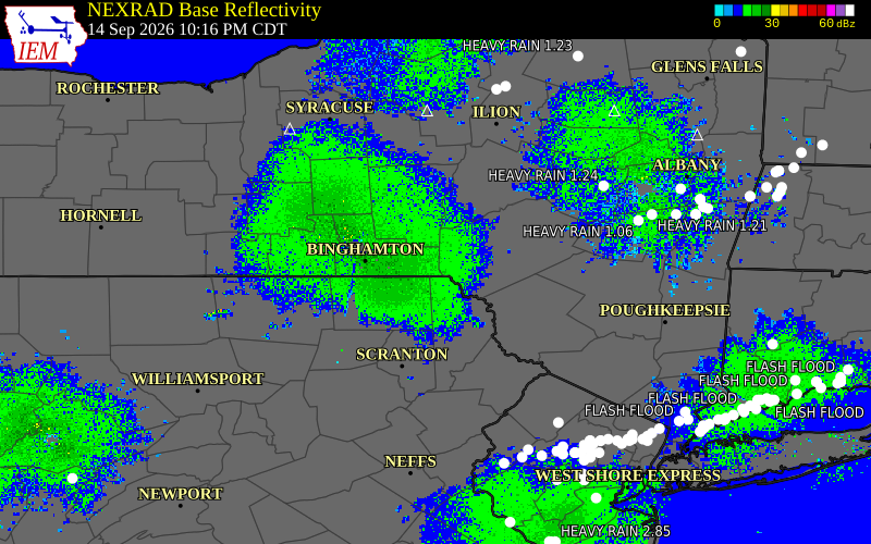 Current NEXRAD radar over Wayne County, Pennsylvania with recent storm report locations