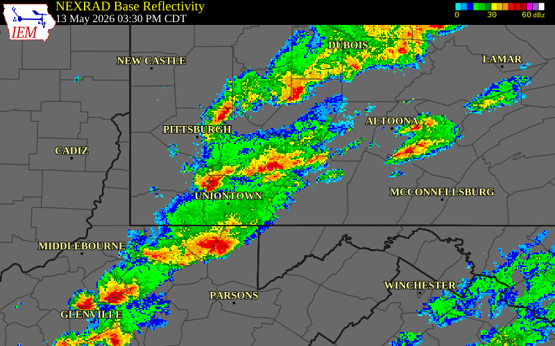 NEXRAD radar during the Wednesday, May 13, 2026 storm activity in Westmoreland County, Pennsylvania