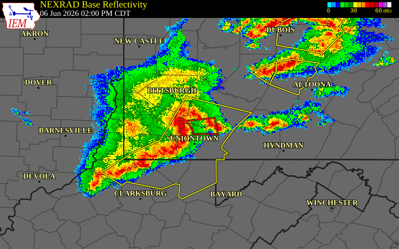 NEXRAD radar during the Saturday, June 6, 2026 storm activity in Westmoreland County, Pennsylvania