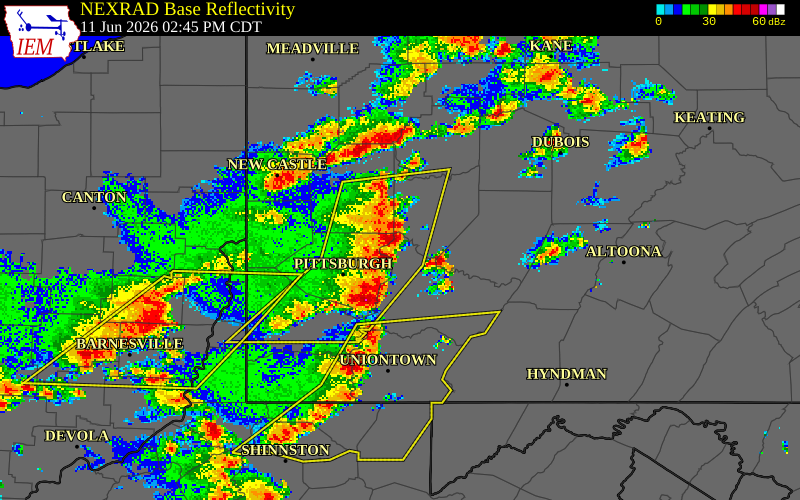 NEXRAD radar during the Thursday, June 11, 2026 storm activity in Westmoreland County, Pennsylvania