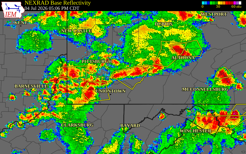 NEXRAD radar during the Saturday, July 4, 2026 storm activity in Westmoreland County, Pennsylvania