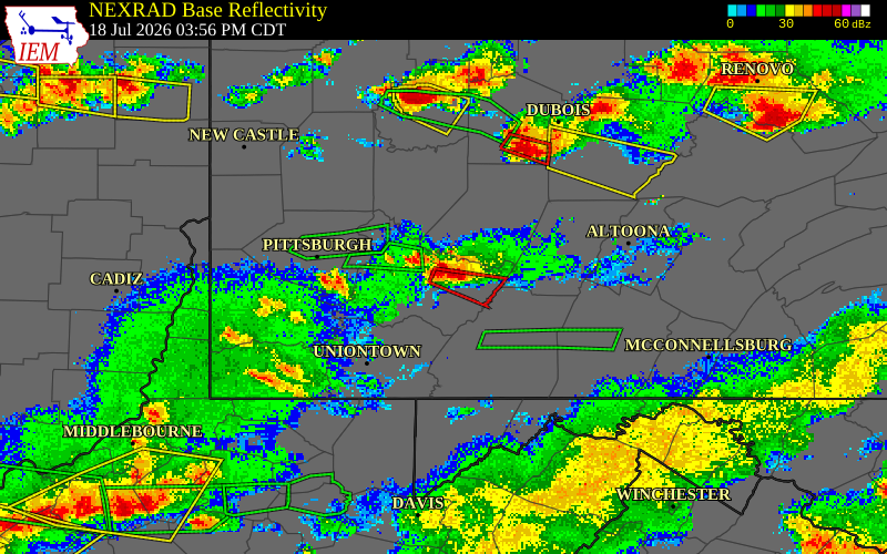 NEXRAD radar during the Saturday, July 18, 2026 storm activity in Westmoreland County, Pennsylvania