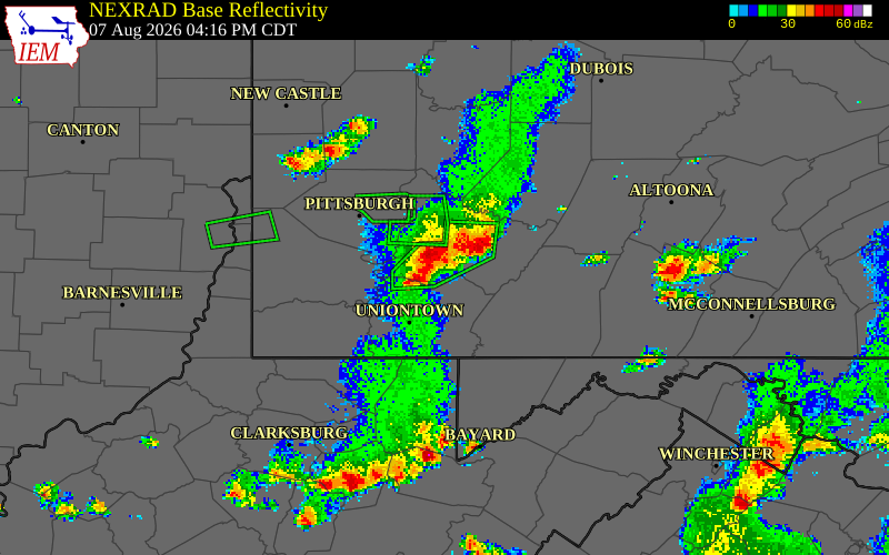 NEXRAD radar during the Friday, August 7, 2026 storm activity in Westmoreland County, Pennsylvania