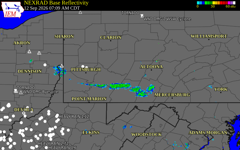 Current NEXRAD radar over Westmoreland County, Pennsylvania with recent storm report locations