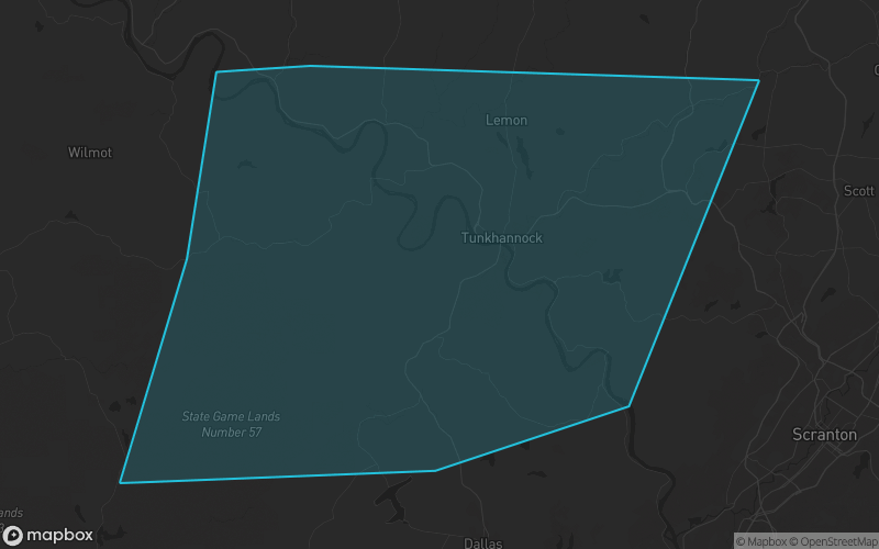 Map of Wyoming County, Pennsylvania showing the county boundary and surrounding cities