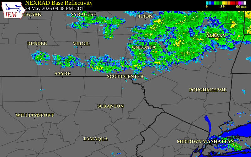 NEXRAD radar during the Friday, May 29, 2026 storm activity in Wyoming County, Pennsylvania