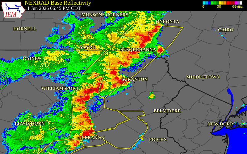 NEXRAD radar during the Thursday, June 11, 2026 storm activity in Wyoming County, Pennsylvania