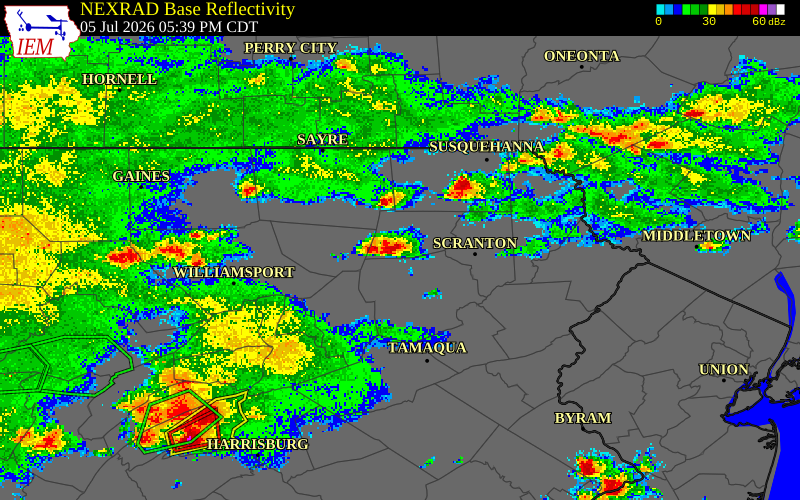 NEXRAD radar during the Sunday, July 5, 2026 storm activity in Wyoming County, Pennsylvania