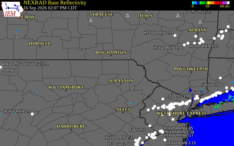 Current NEXRAD radar over Wyoming County, Pennsylvania with recent storm report locations