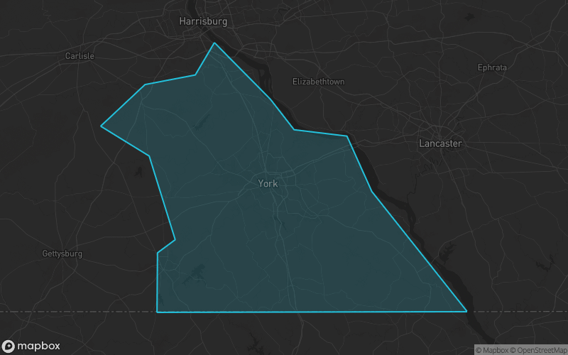 Map of York County, Pennsylvania showing the county boundary and surrounding cities