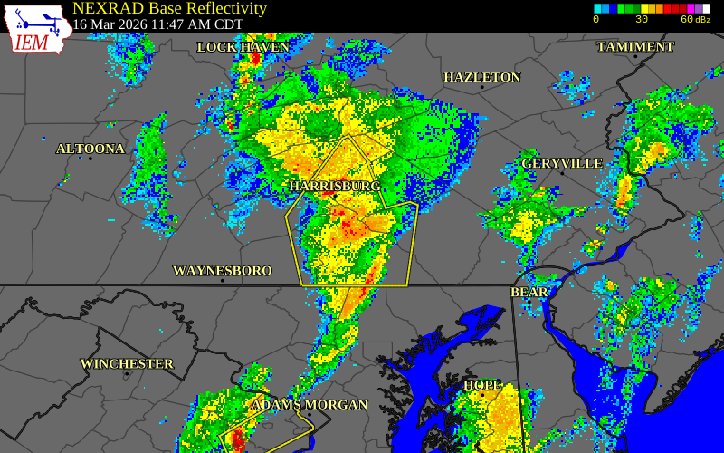 NEXRAD radar during the Monday, March 16, 2026 storm activity in York County, Pennsylvania