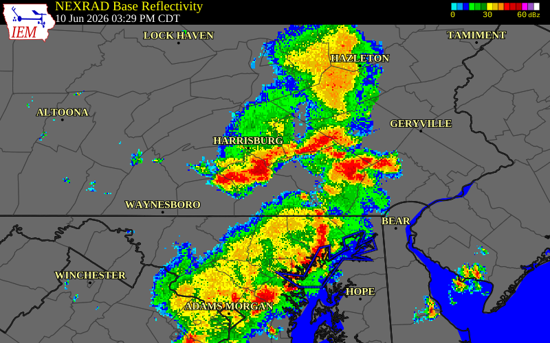 NEXRAD radar during the Wednesday, June 10, 2026 storm activity in York County, Pennsylvania