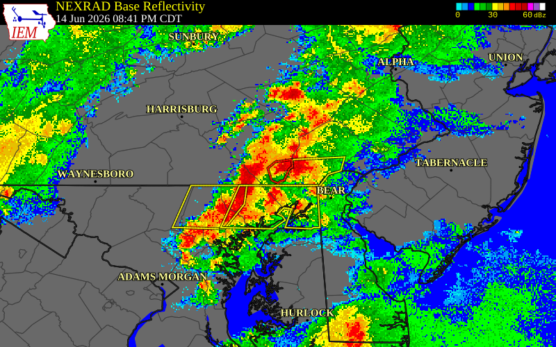 NEXRAD radar during the Sunday, June 14, 2026 storm activity in York County, Pennsylvania