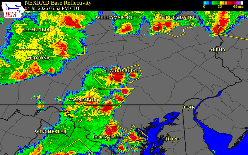 NEXRAD radar during the Saturday, July 4, 2026 storm activity in York County, Pennsylvania
