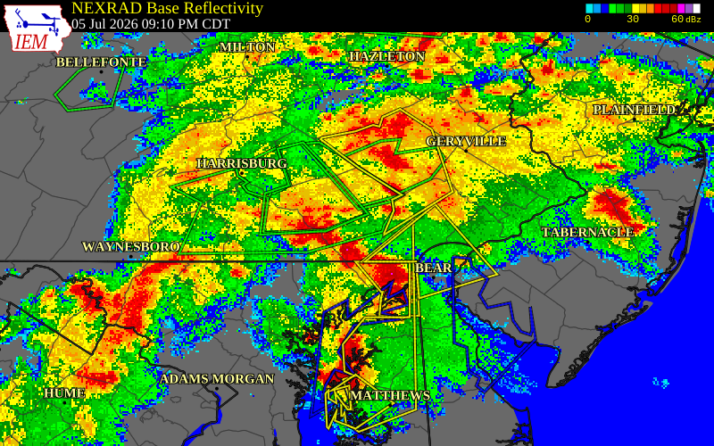 NEXRAD radar during the Sunday, July 5, 2026 storm activity in York County, Pennsylvania