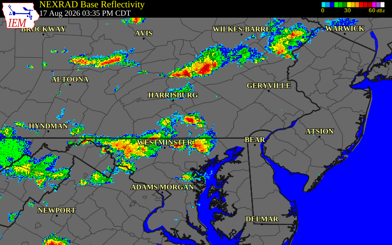 Radar snapshot during the Aug 6, 2026 wind event near York County, York County, Pennsylvania, with NWS warning polygons
