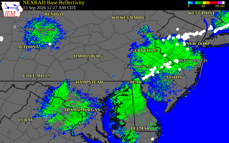 Current NEXRAD radar over York County, Pennsylvania with recent storm report locations