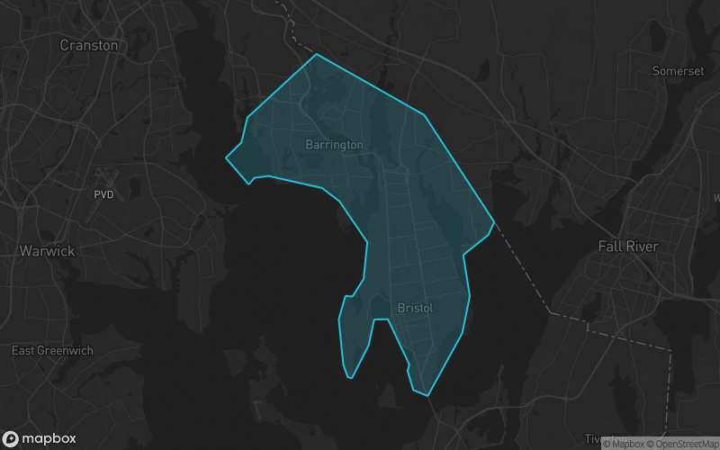 Map of Bristol County, Rhode Island showing the county boundary and surrounding cities